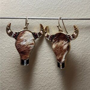 Versona Western Cowhide & Rhinestone Longhorn Bull Earrings - Boho Chic